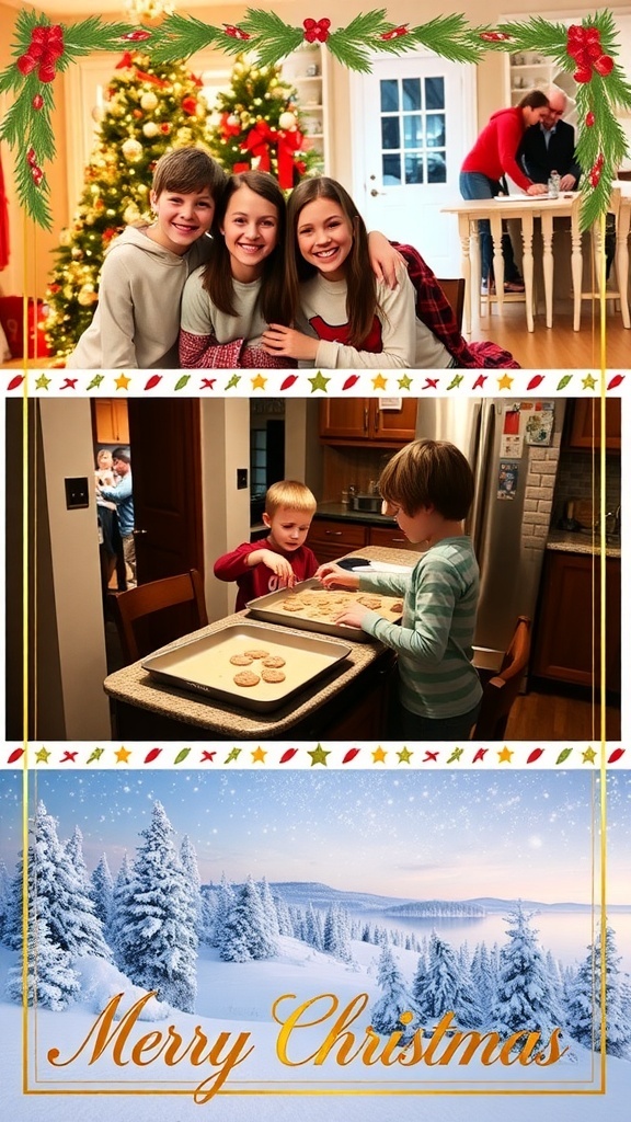 A Christmas card with three photos: family by the tree, kids baking, and a snowy scene.